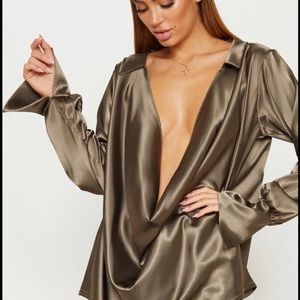 khaki extreme cowl longline satin shirt